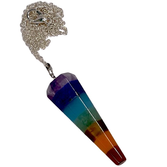 Rainbow Layered Faceted Pendulum Stone Pendant Necklace LGBTQ Pride Hippie NEW - Picture 1 of 13